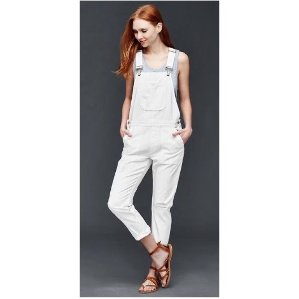GAP Womens White Denim Distressed Bib Overalls Slim‎ Fit Size XS Solid Casual